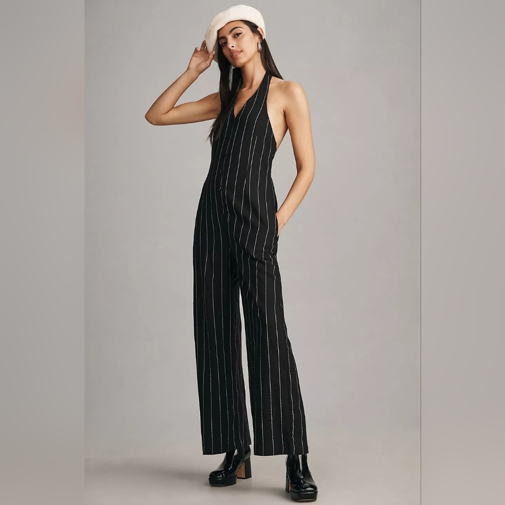 Anthropologie Little Lies Pinstripe Halter Neck Jumpsuit Black White